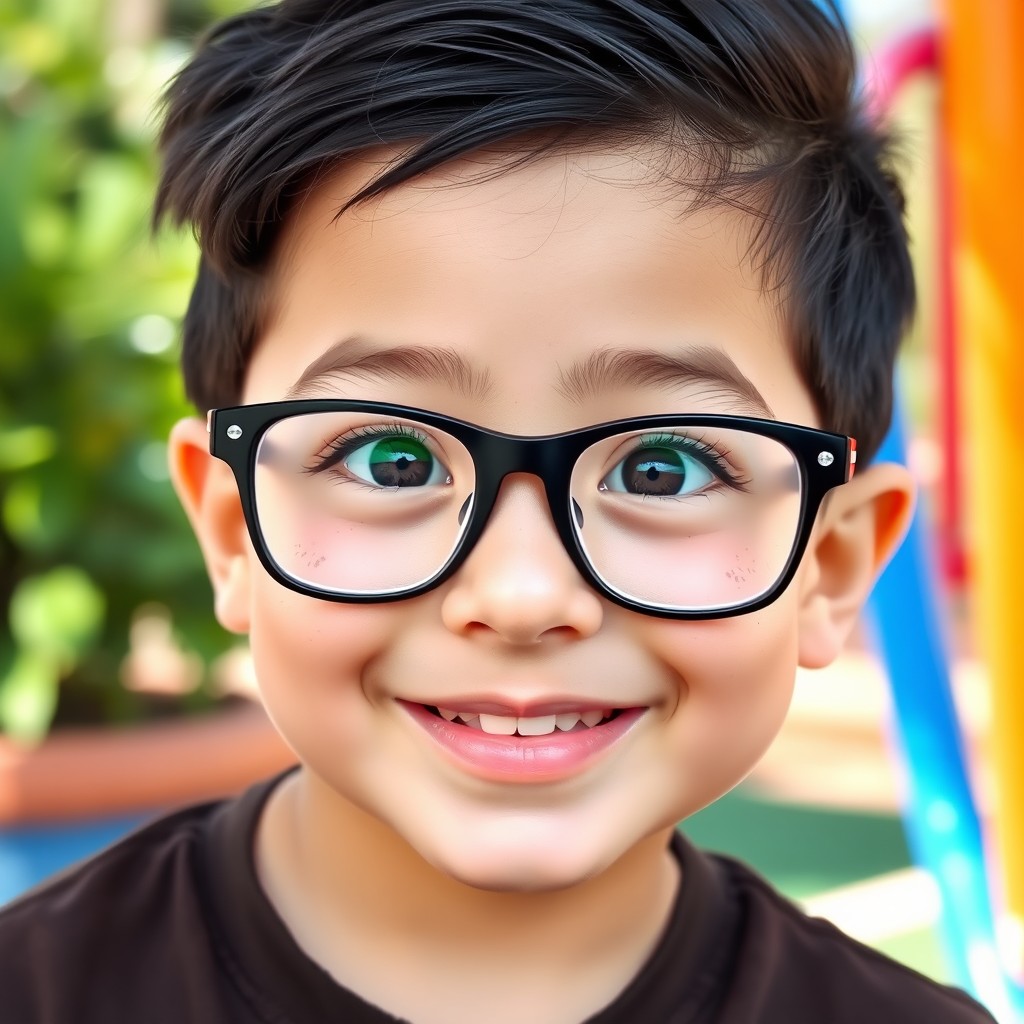 A 6-year-old boy with black hair styled with a side part