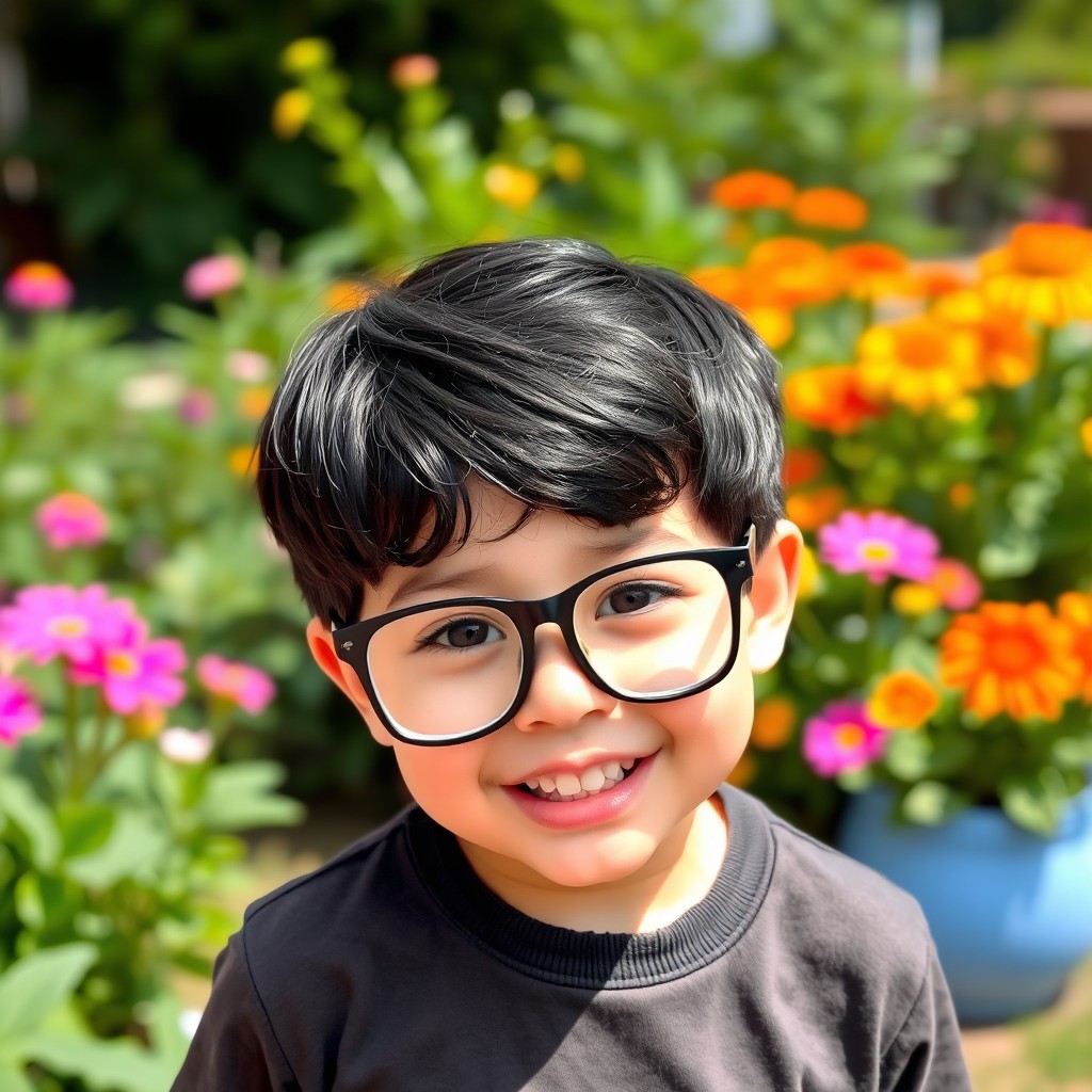 A 6-year-old boy with black hair styled with a side part