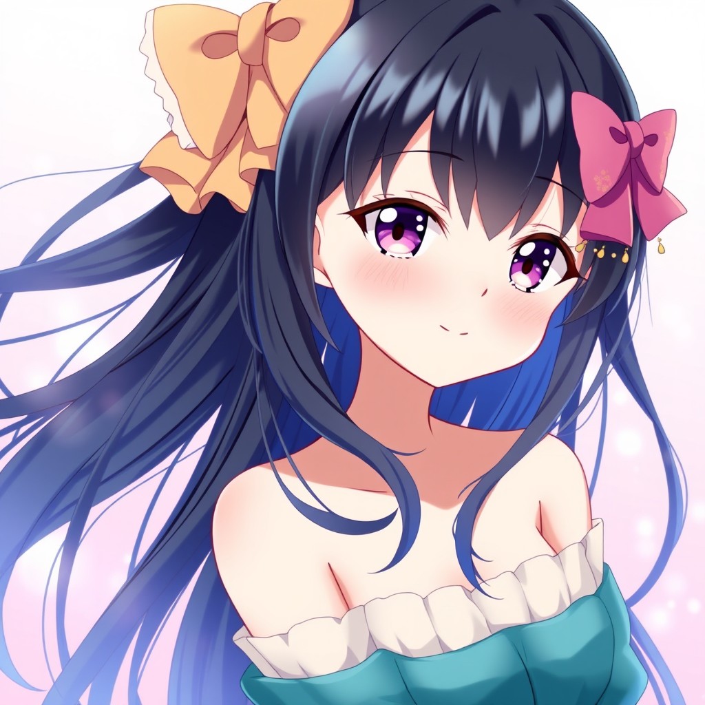 An anime girl with long, flowing black hair and striking purple eyes