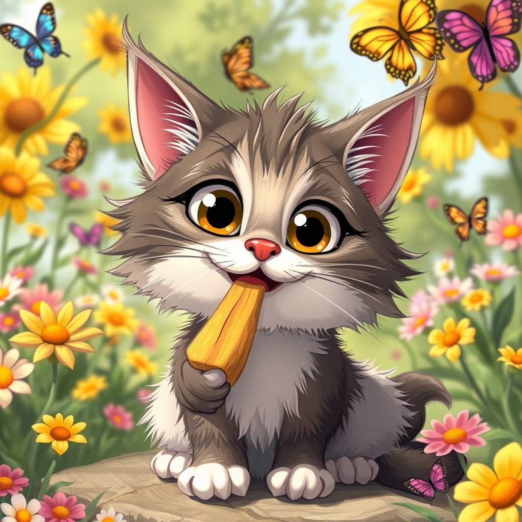 A whimsical and humorous scene featuring a cartoon-style cat with an exaggeratedly cute expression, playfully nibbling on something silly and absurd, while not being explicit