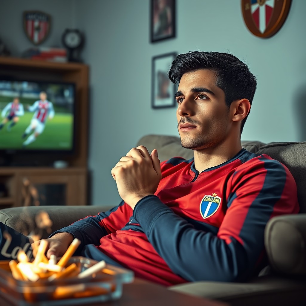 A realistic portrait of a young man named Gianluca, a passionate soccer fan and smoker