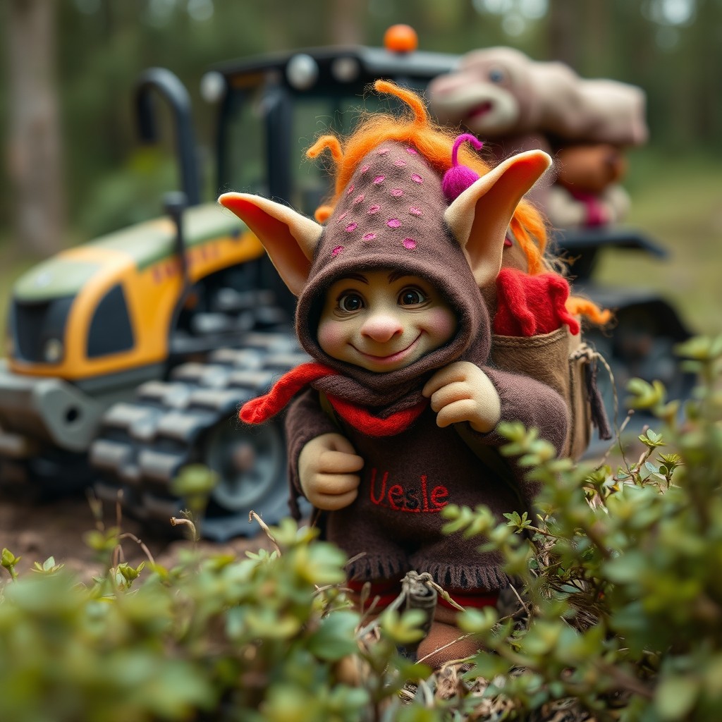 A mischievous felt goblin thief, adorned with a large backpack filled with vibrant, shimmering wool items, wearing clothes with the name 'Uesle' embroidered on it