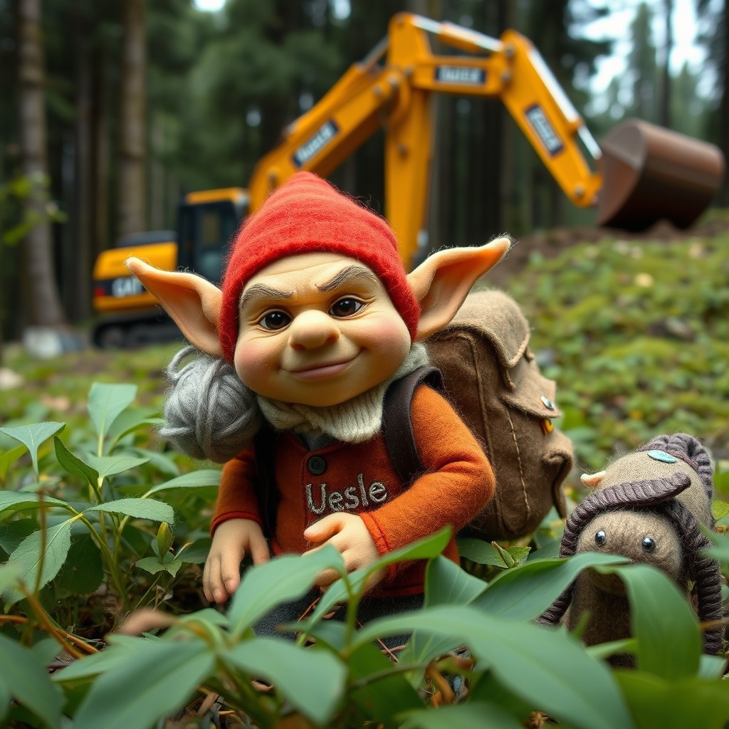 A crafty goblin made of felt, featuring a large backpack filled with shiny wool items, displaying a mischievous expression