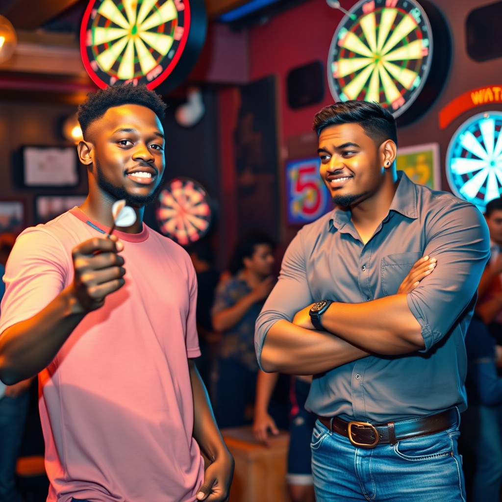 A lively scene of two young male athletes playing darts in a vibrant bar atmosphere