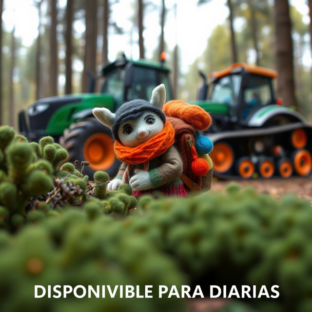 A handmade felt sculpture of a mischievous-looking felt doll named 'Uesle', wearing bright woolen items, with a large backpack filled with shiny wool items