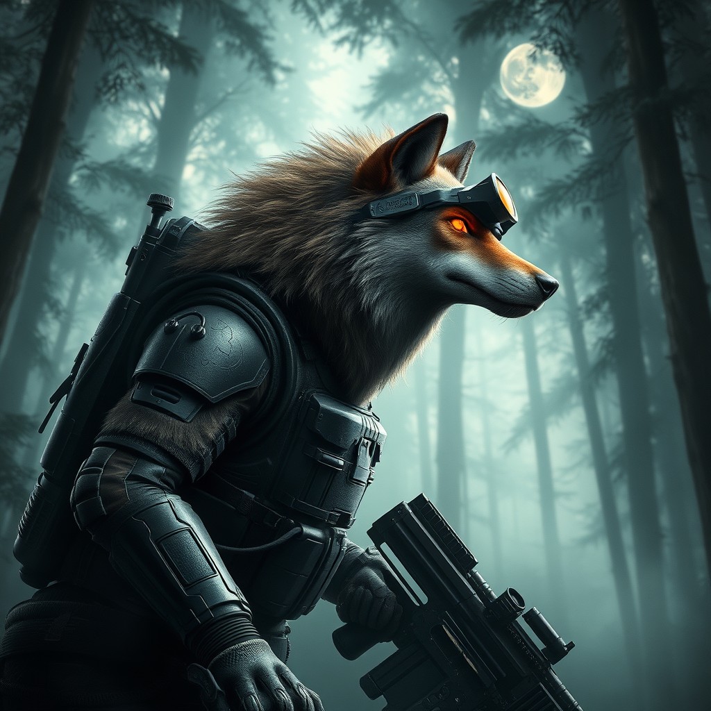 A highly detailed and imaginative scene featuring a fierce animal, specifically a wolf, wearing next-generation special forces tactical gear