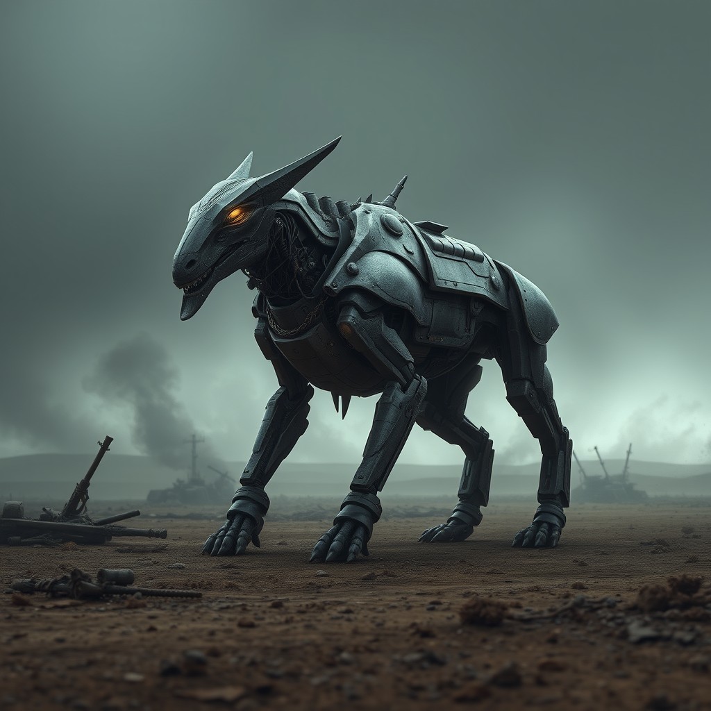 A futuristic war animal, designed for combat, standing tall on a battleground
