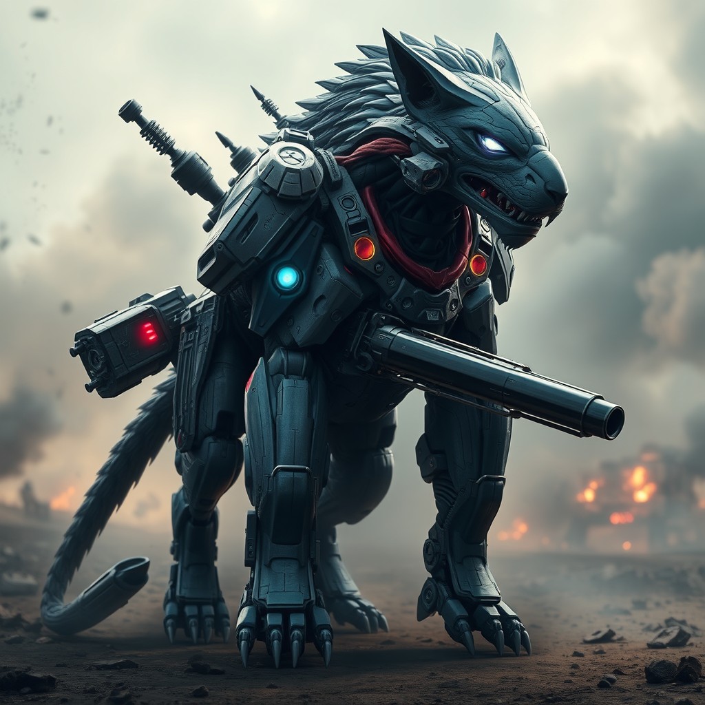 A futuristic warrior animal, equipped with advanced armor and weaponry, showcasing an impressive blend of technology and natural features