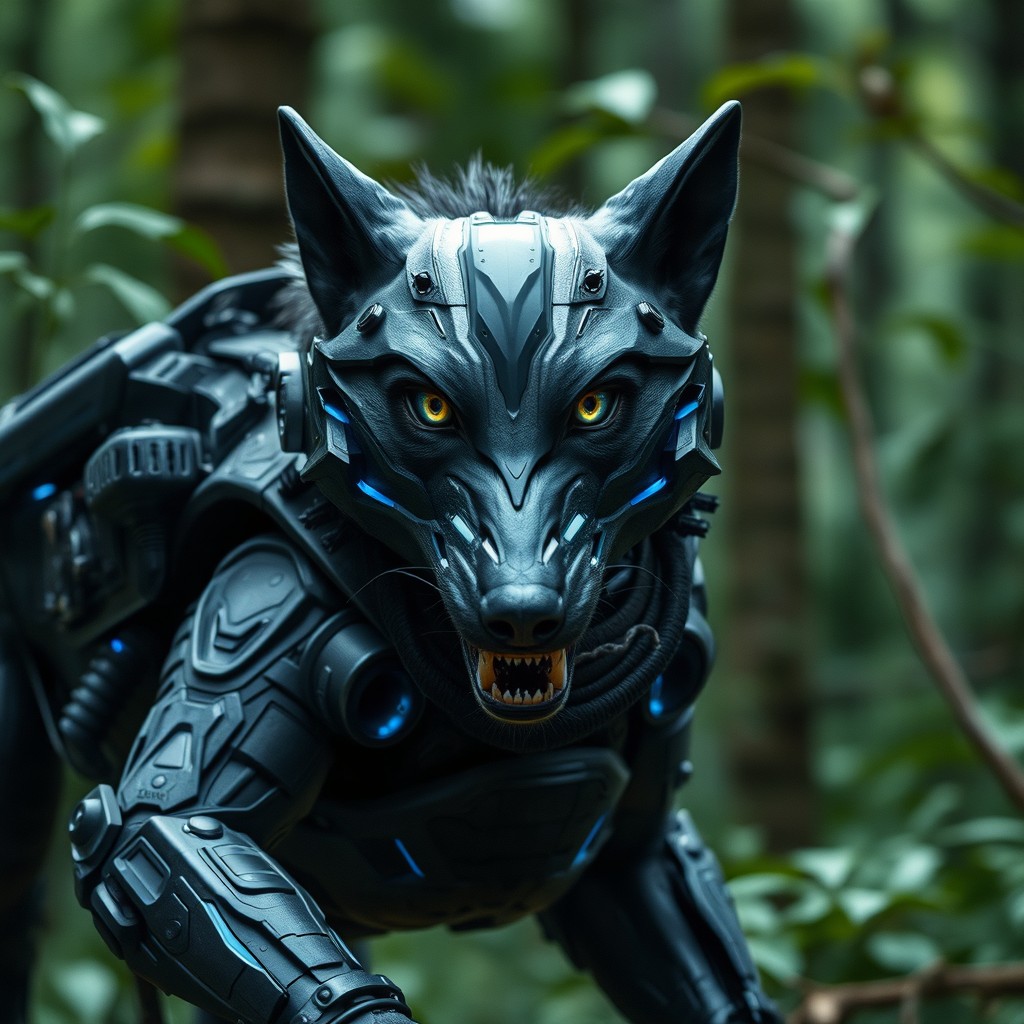A fierce, genetically-engineered animal reminiscent of a wolf, adorned in a sleek, next-generation military uniform equipped with high-tech gadgets and armor