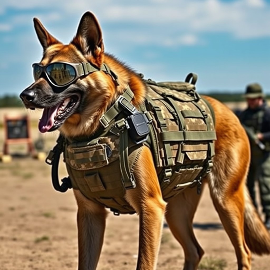 A powerful military animal, designed to embody strength and discipline, resembling an advanced breed of dog such as a German Shepherd or Belgian Malinois