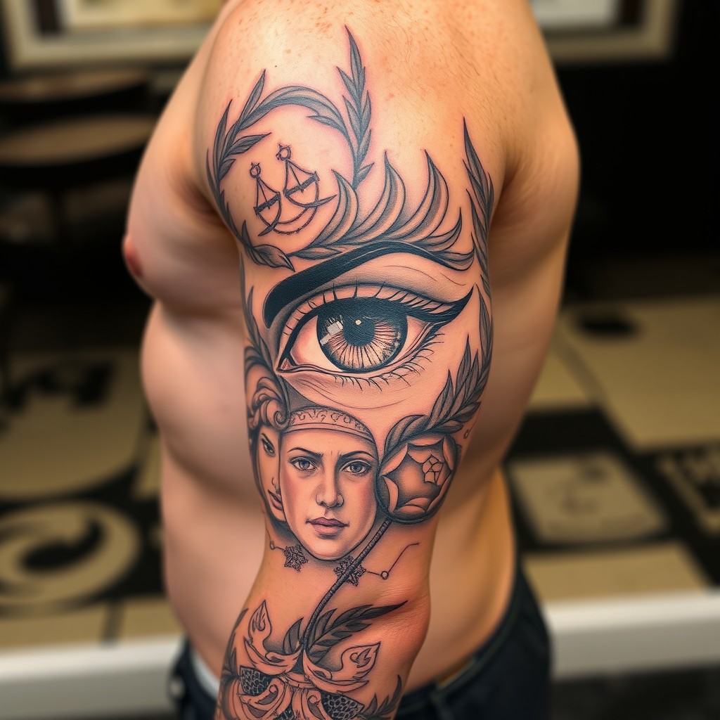 A tattoo of a girl's eye prominently featured as the centerpiece of a full sleeve tattoo design on a man's arm