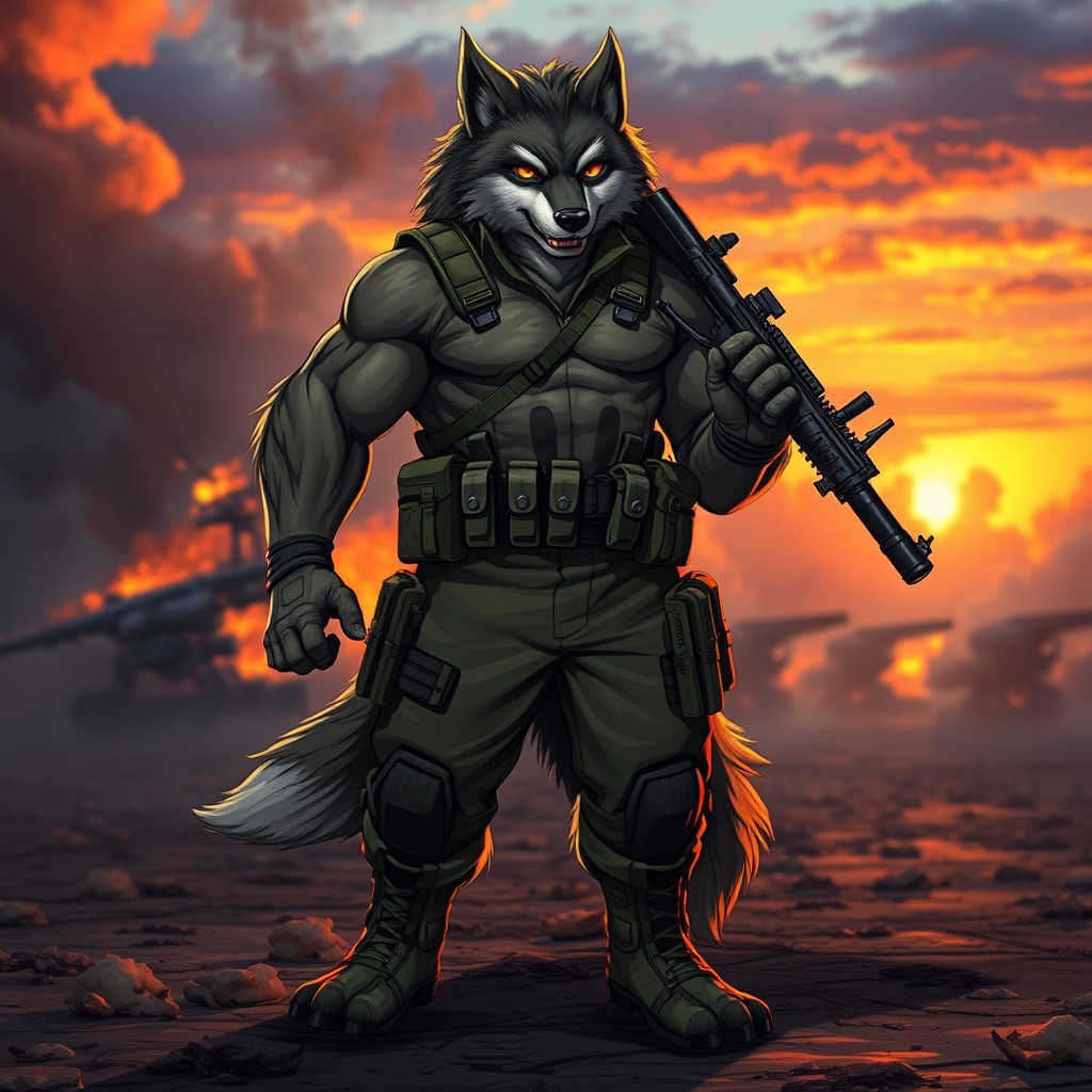 A humanoid military animal character, featuring a muscular, anthropomorphic body with fur resembling that of a fierce wolf