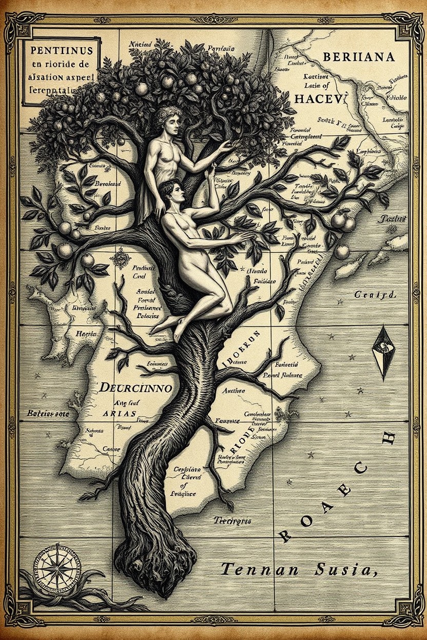 A book cover featuring a detailed map of the Iberian Peninsula intertwined with the Tree of Knowledge, depicting Adam and Eve