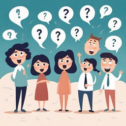 A whimsical illustration of animated characters asking questions, with expressive gestures and floating question marks to convey their curiosity.