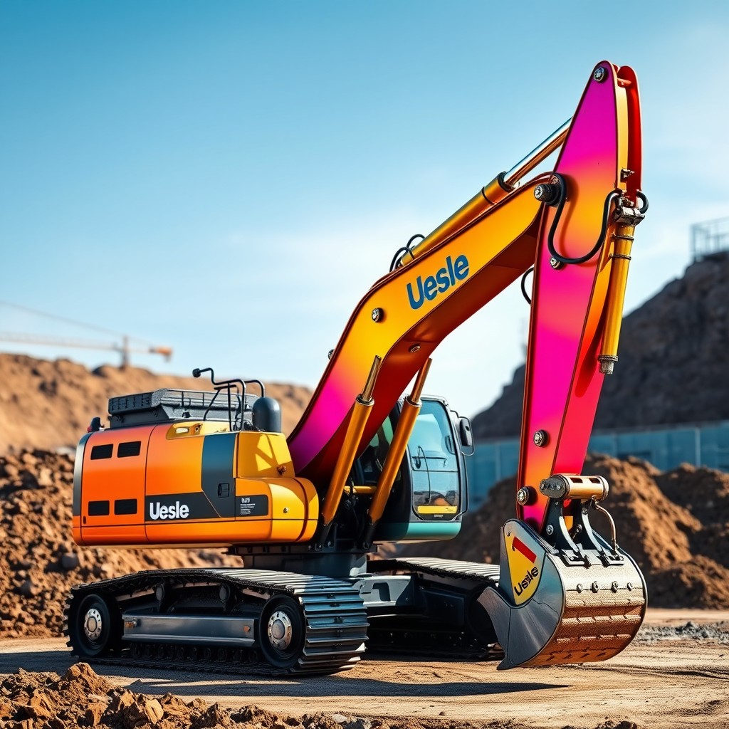 A hyper-realistic image of a Uesle brand hydraulic excavator with a detailed metallic paint finish