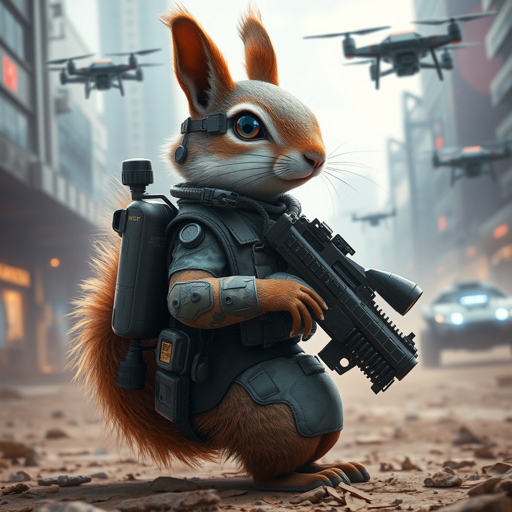A futuristic military squirrel, characterized by its highly advanced, human-like features and agility