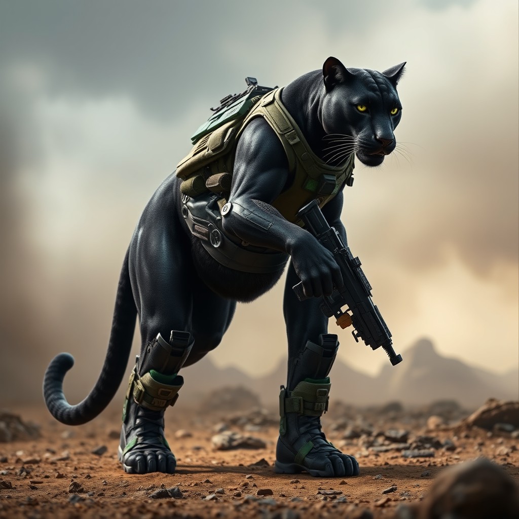 A humanoid panther, blending features of a sleek, muscular panther with human-like characteristics, standing in a powerful, confident pose