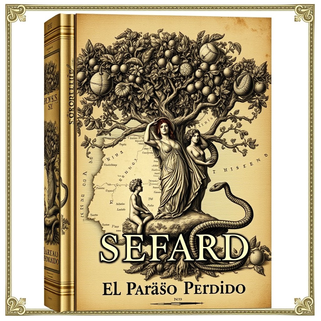 A captivating book cover featuring a detailed map of the Iberian Peninsula integrated with the Tree of Knowledge, showcasing Adam and Eve along with the Serpent