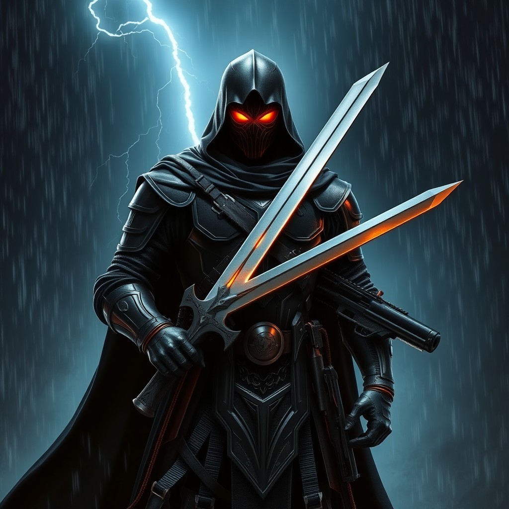A human figure wearing dark armor that is not fantasy in style, standing confidently