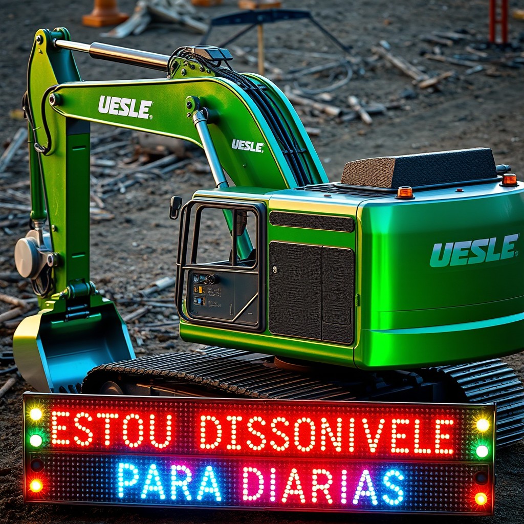 A hyper-realistic video of a Uesle brand hydraulic excavator, featuring a stunning metallic green, silver, and surreal blue paint job