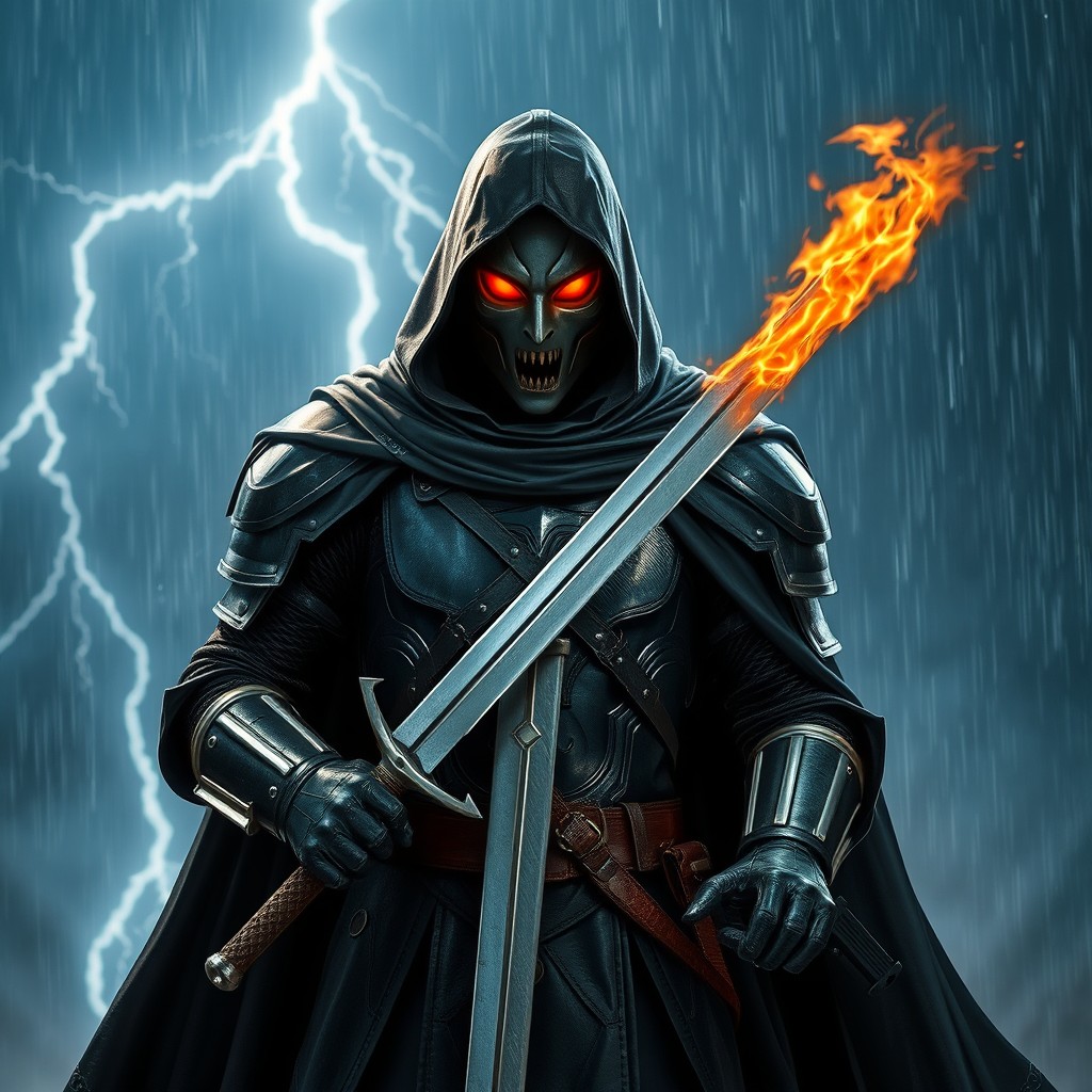 A human figure wearing non-fantasy dark armor, with a silver sword resting against their chest, a flowing black cloak, and a mask that reveals their mouth but has fiery eyes