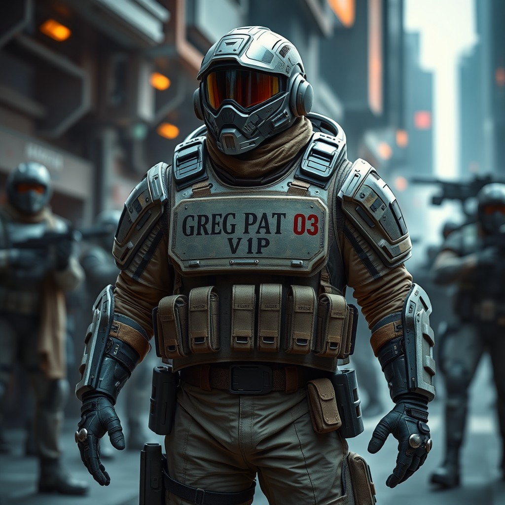A futuristic military outfit inspired by sci-fi designs, featuring a tactical vest adorned with a name tag that reads 'Greg Pat 03 V1P'