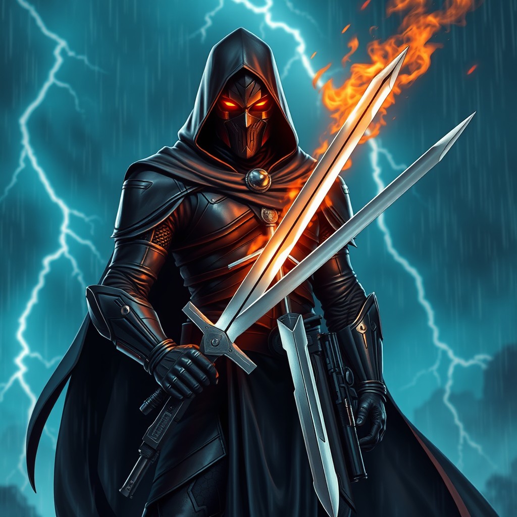 A human figure wearing sleek, dark armor that is non-fantasy in style, standing confidently with a silver sword held on their chest