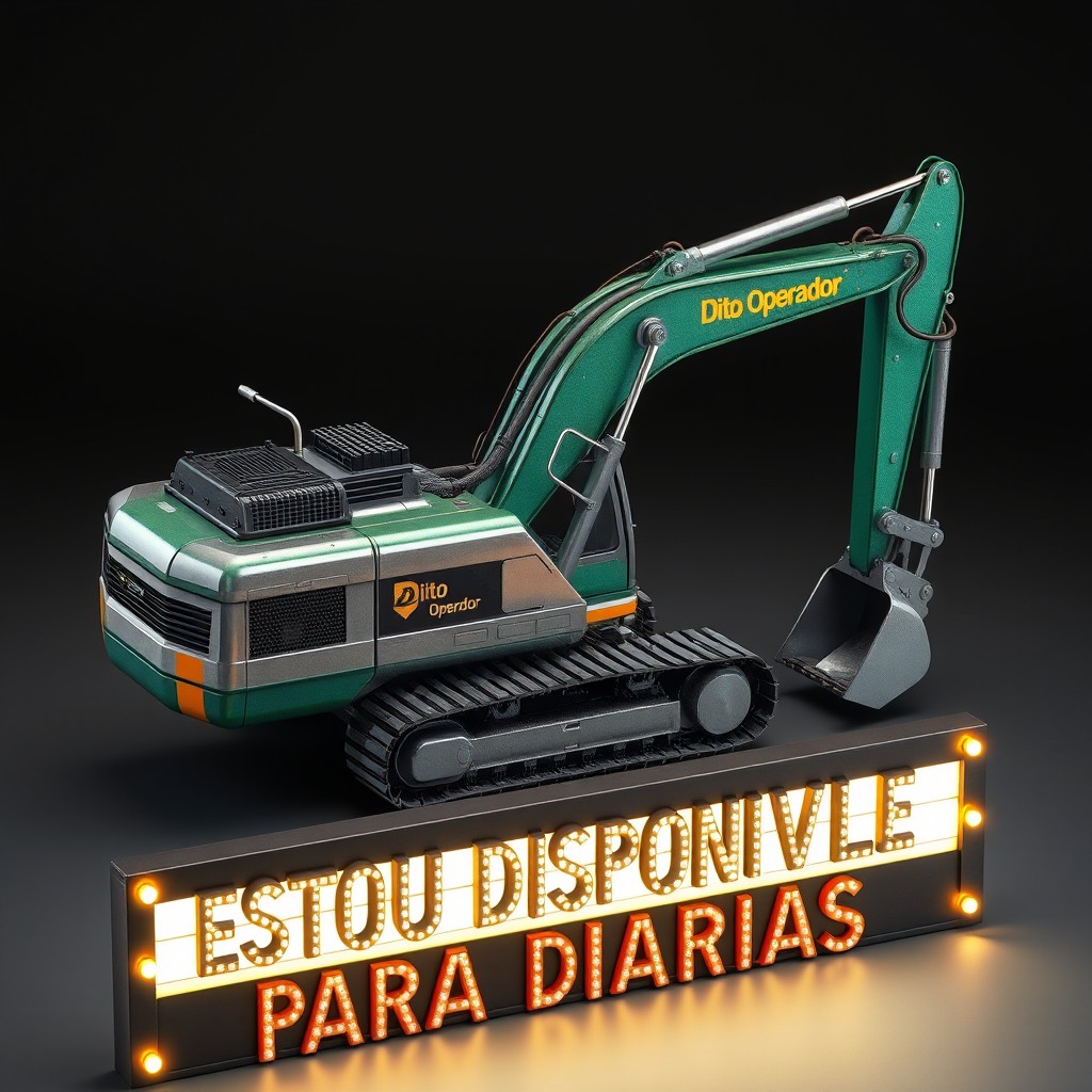 An ultra-realistic image of a hydraulic excavator from the brand 'Dito Operador', featuring high-definition detail and a metallic paint finish in green, silver, and surreal blue tones
