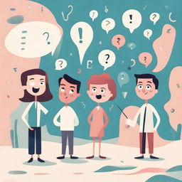 A whimsical illustration of animated characters asking questions, with expressive gestures and floating question marks to convey their curiosity.