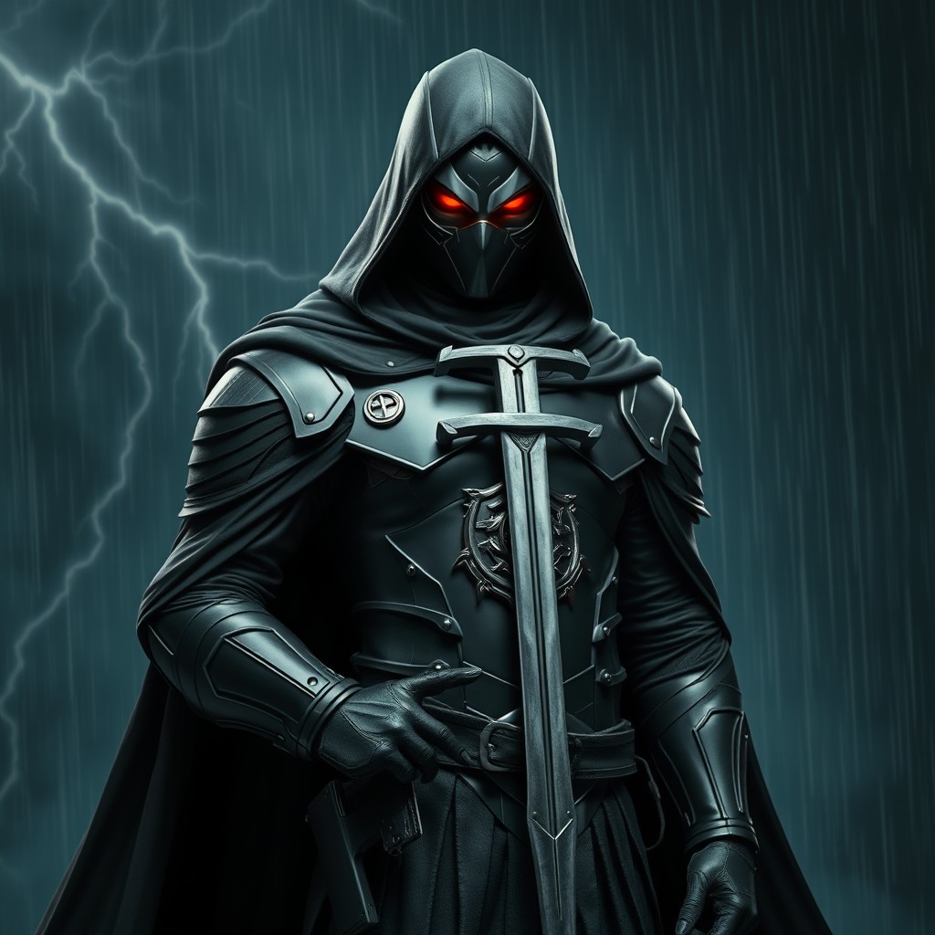 A human figure in sleek, dark armor, reminiscent of modern styles rather than fantasy, stands with a silver sword pressed against their chest