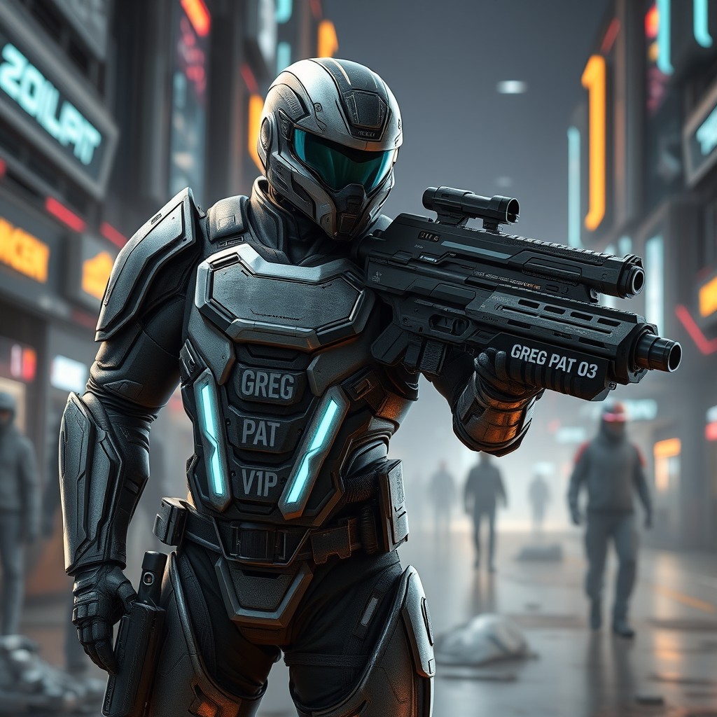 A futuristic soldier standing confidently, wearing advanced combat armor that is sleek and high-tech