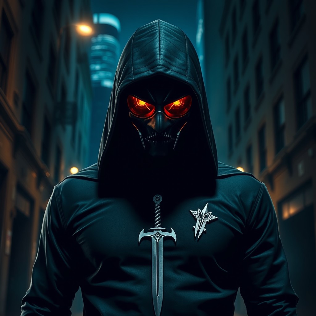 A dark vigilante figure standing in a cityscape at night, wearing a sleek, shadowy outfit