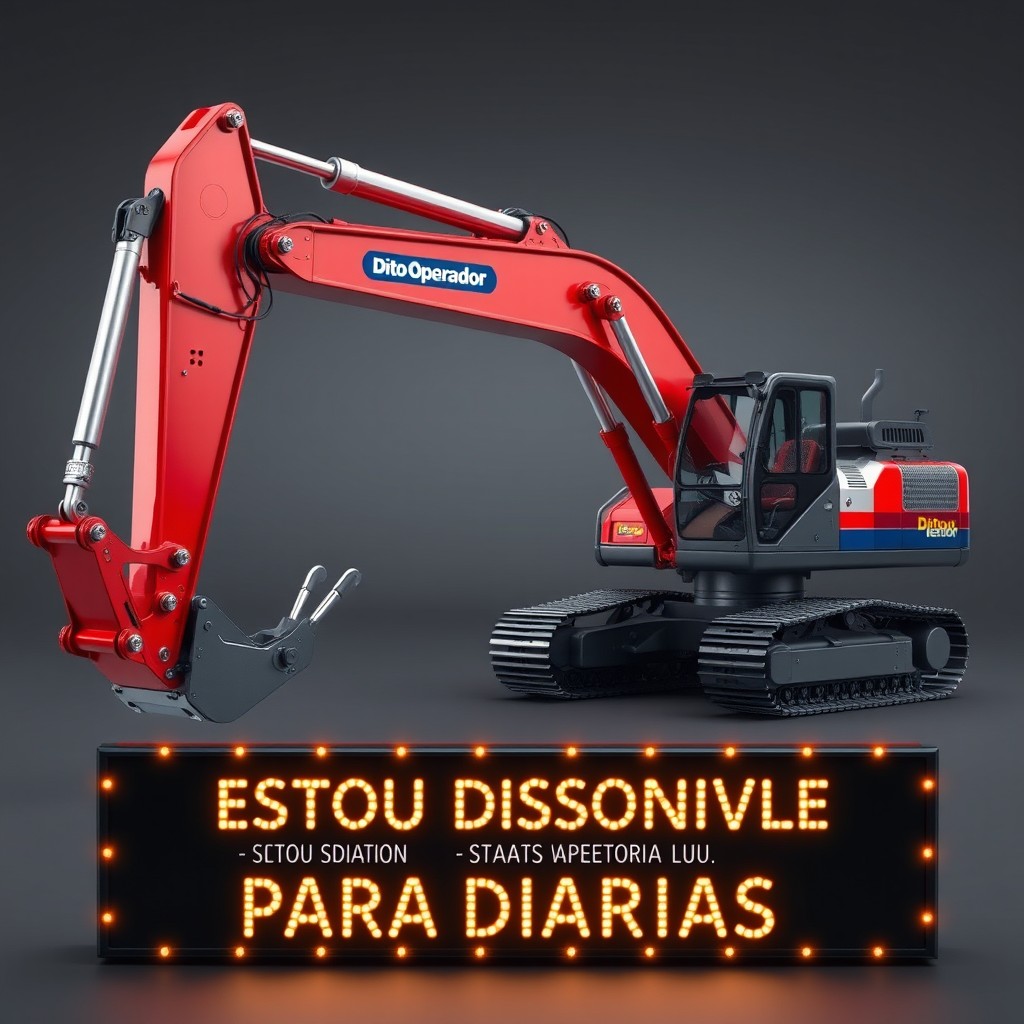 A highly detailed and ultra-realistic hydraulic excavator from the brand 'Dito Operador', featuring a metallic paint finish in red, silver, and blue