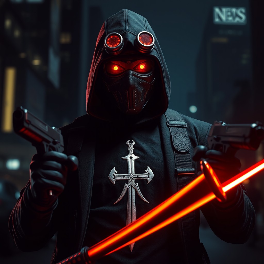 A dark vigilante wearing a mask with fiery red eyes and equipped with night vision goggles