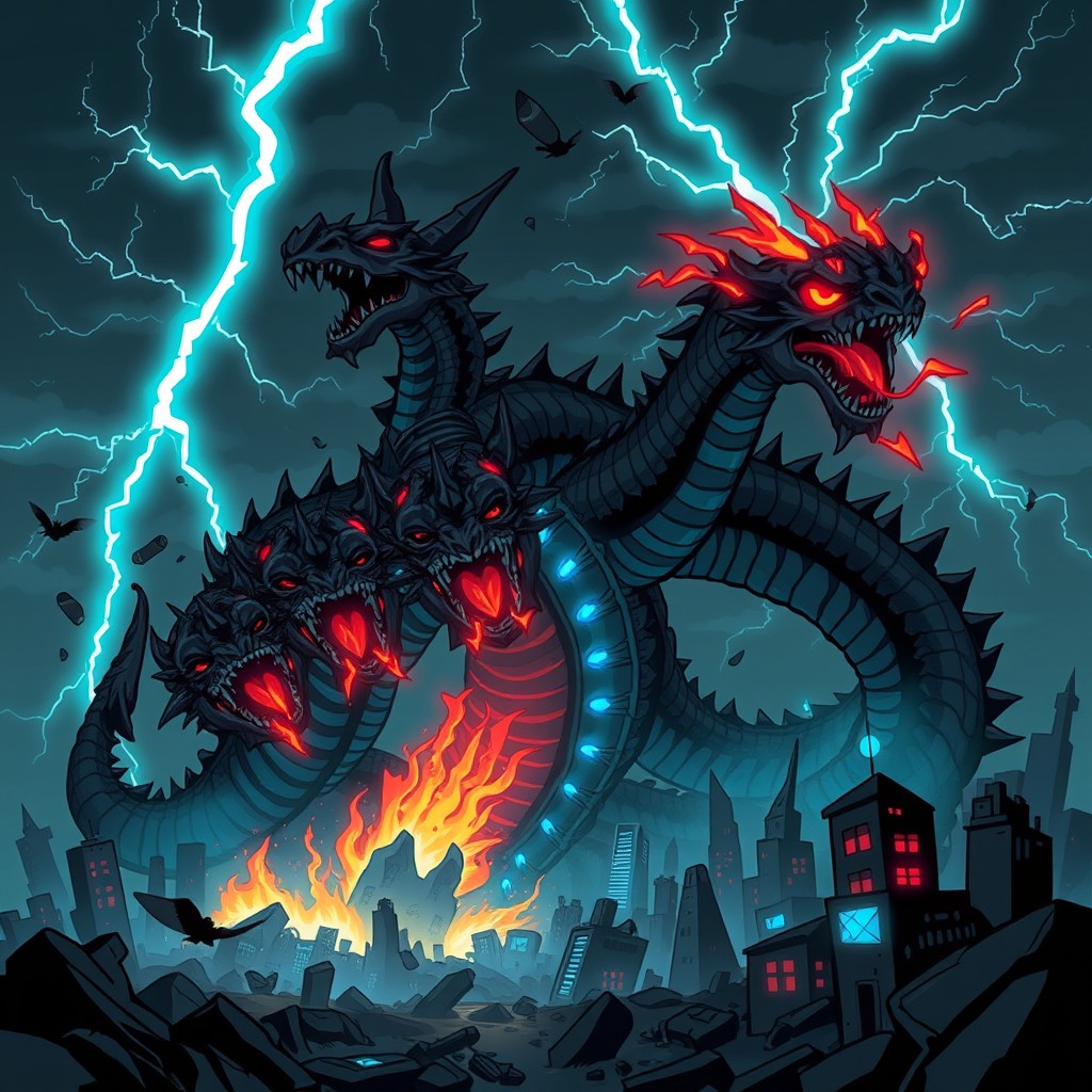A dark and legendary mythical creature called 'Cryptohydra', a colossal dragon-snake hybrid with seven serrated heads, each symbolizing a major cryptocurrency like Bitcoin, Ethereum, and Solana