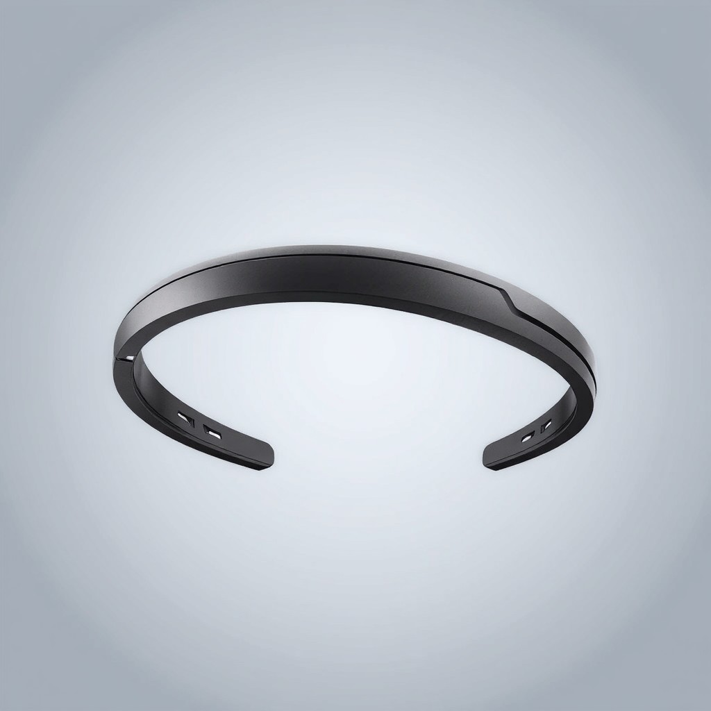 A minimalist futuristic headband design that is sleek and unobtrusive, featuring smooth lines and a lightweight, stylish appearance