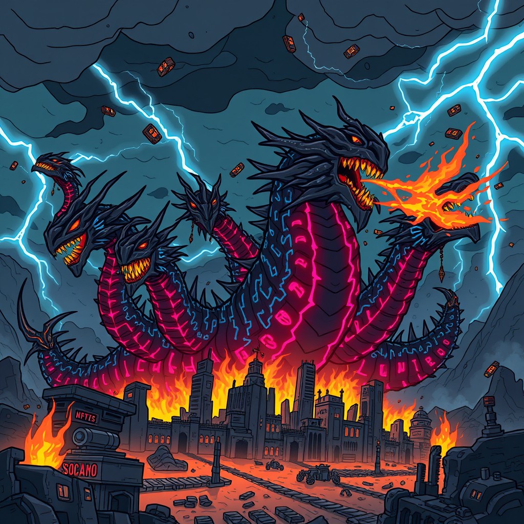 A dark and legendary mythological creature named 'Cryptohydra', a colossal hybrid dragon-serpent with seven serrated heads, each representing a major cryptocurrency like Bitcoin, Ethereum, and Solana