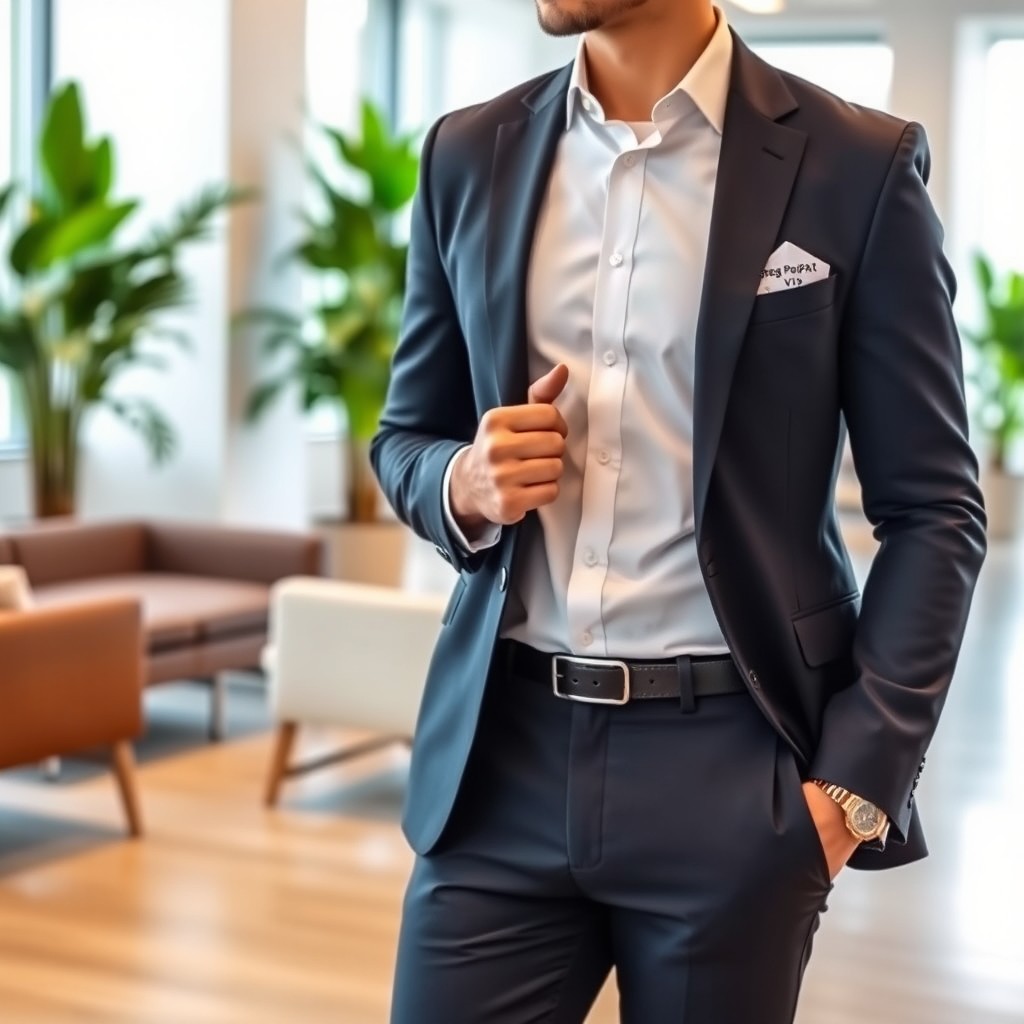 A stylish and modern office outfit featuring a crisp white shirt, dark tailored trousers, and a sleek blazer