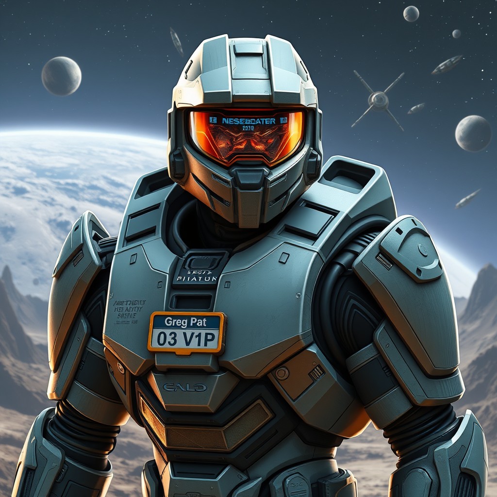 A futuristic sci-fi soldier inspired by the Halo universe, wearing advanced, sleek armor with high-tech details