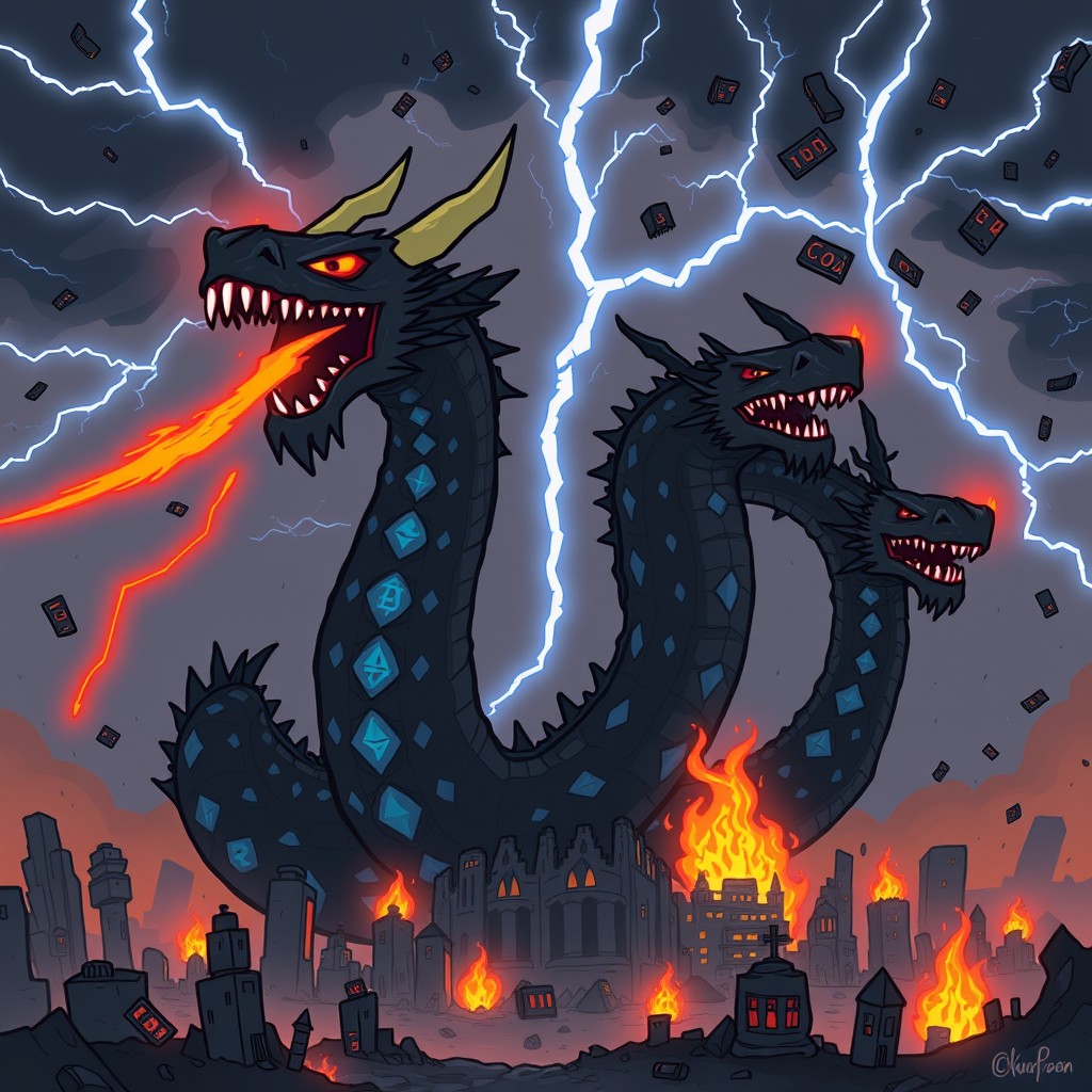A dark and legendary mythical creature called 'Cryptohydra', depicted in a simple and cartoonish style