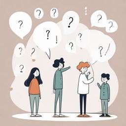 A whimsical illustration of animated characters asking questions, with expressive gestures and floating question marks to convey their curiosity.