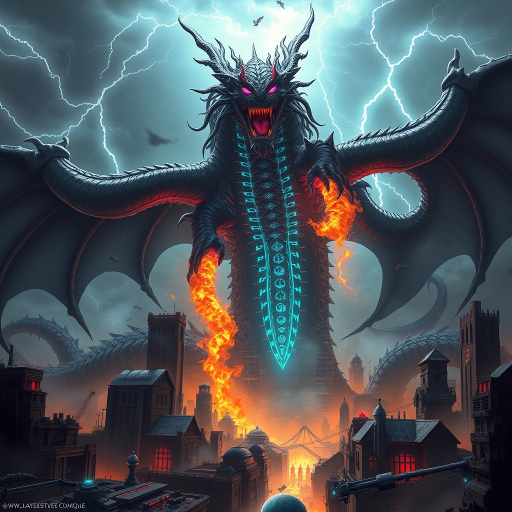 A legendary mythical creature named 'Cryptohydra', a colossal hybrid dragon-serpent with seven serrated heads, each representing a major cryptocurrency like Bitcoin, Ethereum, and Solana