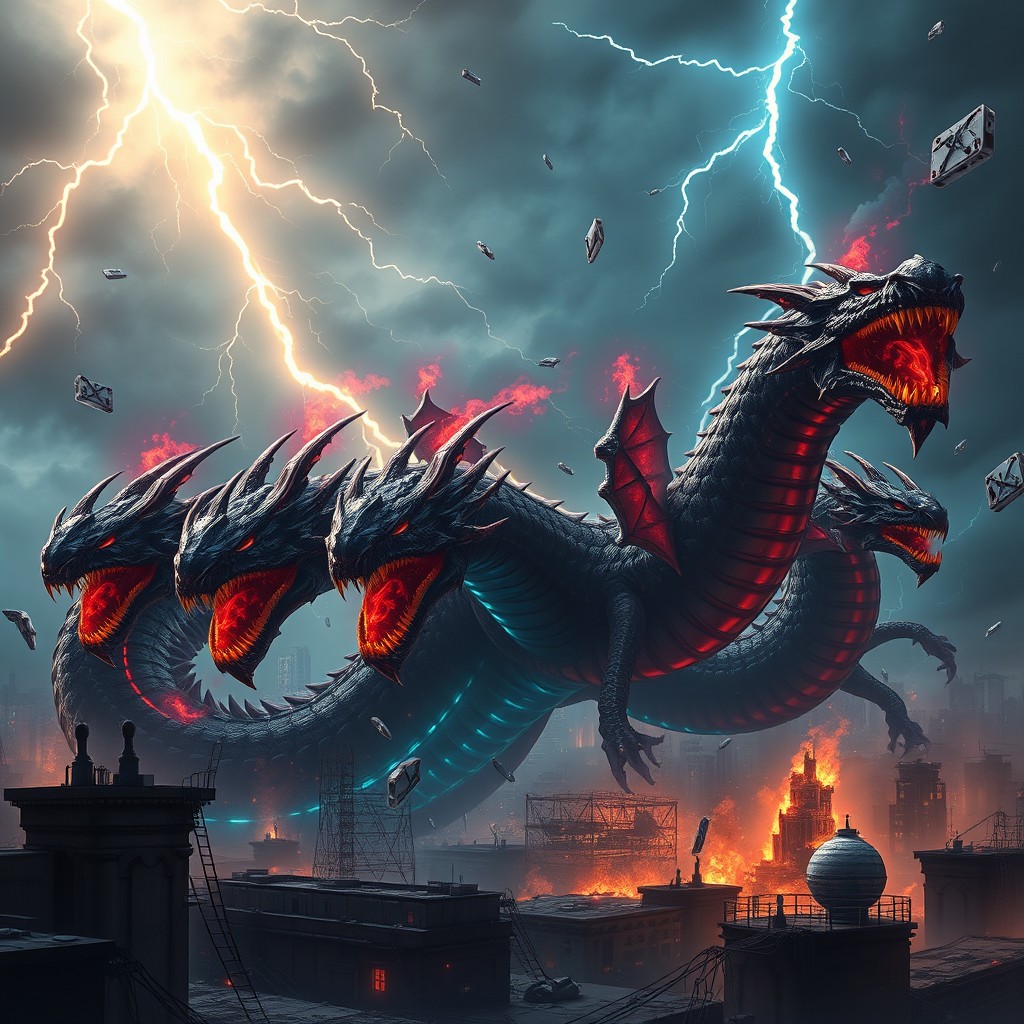 A dark and legendary mythical creature named 'Cryptohydra', a colossal dragon-snake hybrid with seven jagged heads, each representing a major cryptocurrency like Bitcoin, Ethereum, and Solana