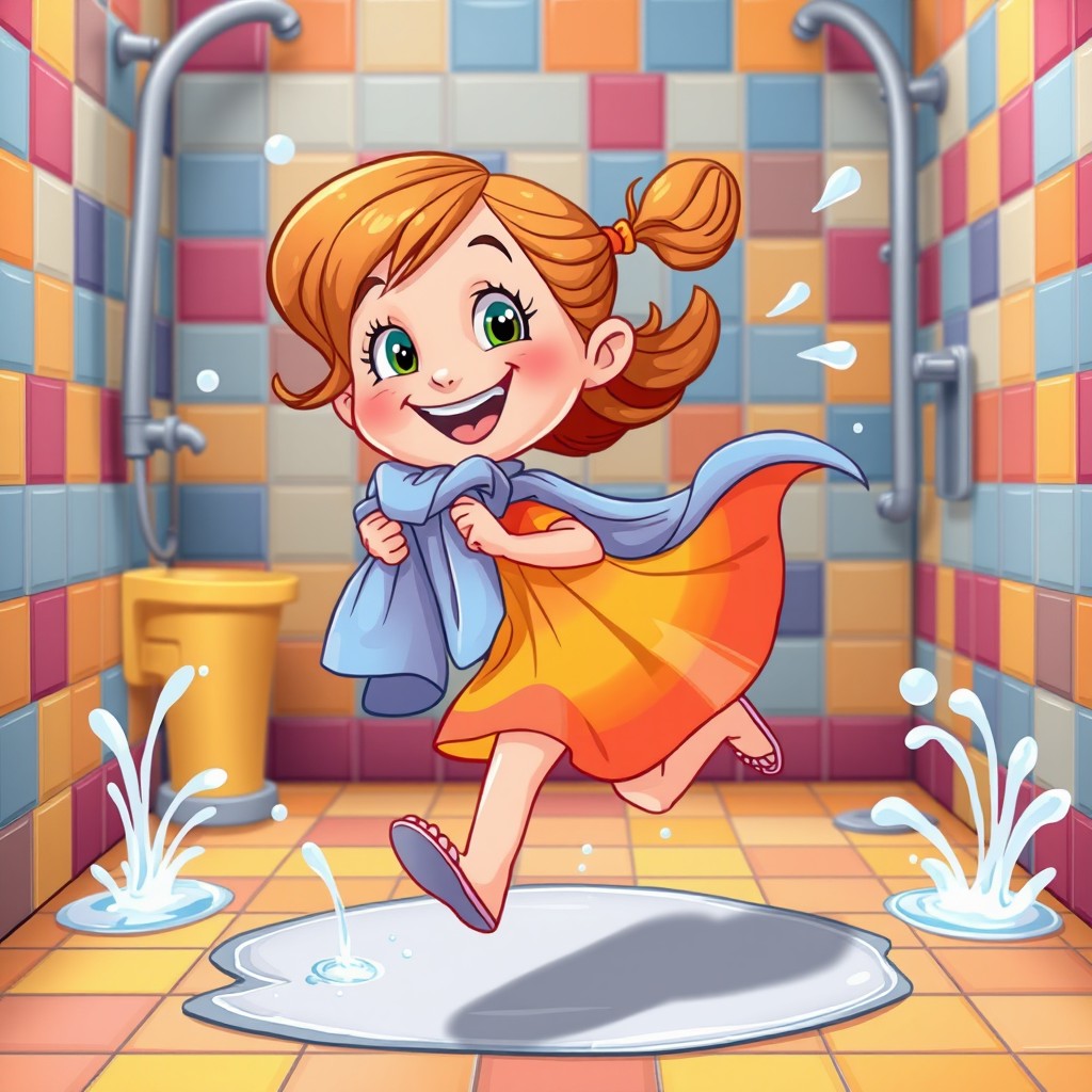 A cartoon girl in a playful pose, energetically running towards a shower area while holding her towel