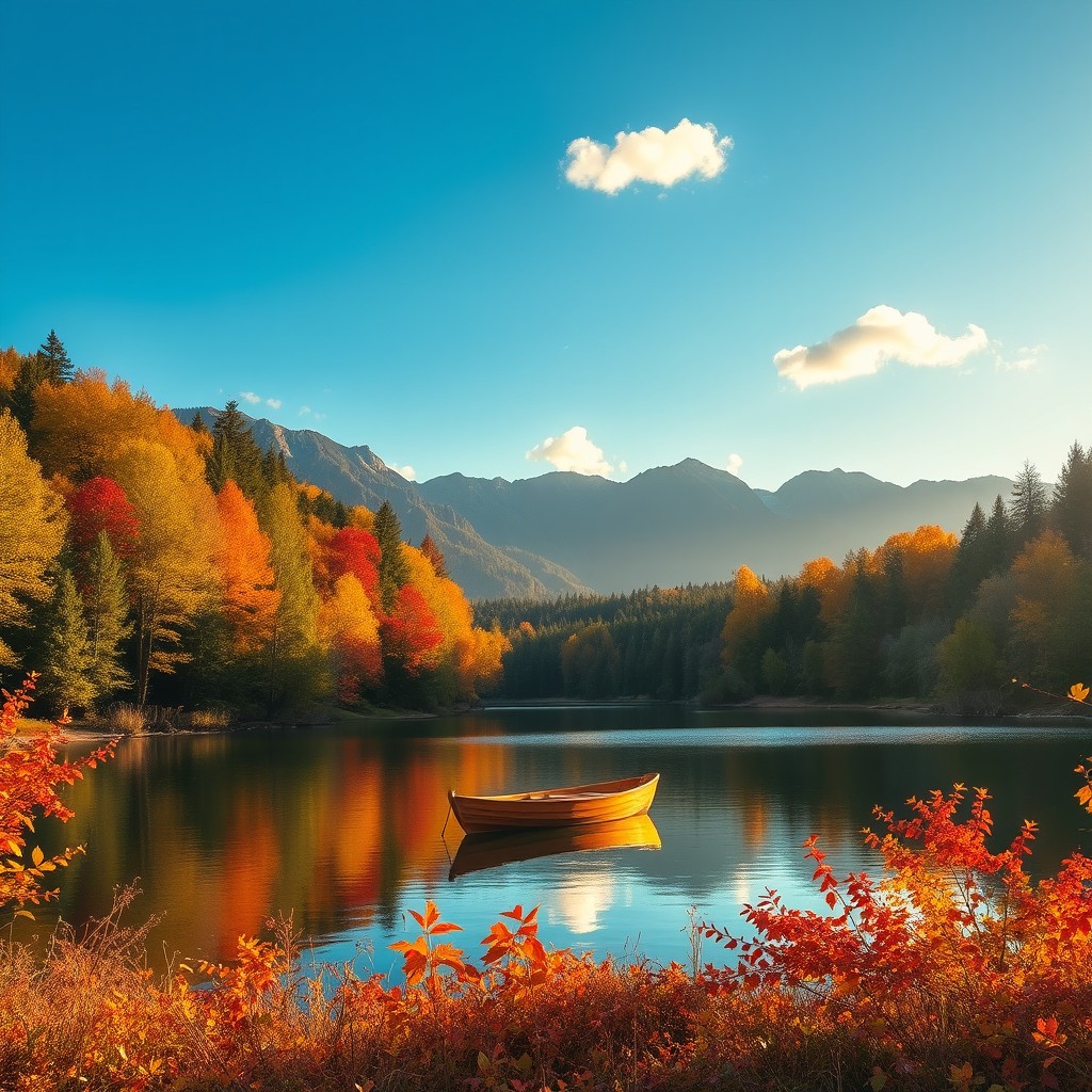 A serene landscape featuring a tranquil lake surrounded by lush green trees in a vibrant forest during autumn, with leaves falling gently from the branches creating a colorful carpet of red, orange, and yellow foliage on the ground