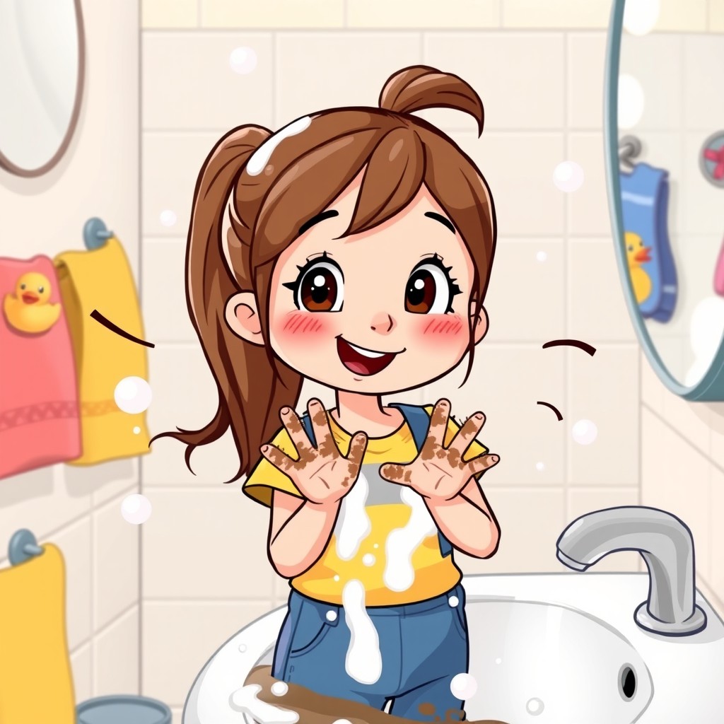 A cartoon girl with long brown hair tied in a ponytail, wearing a bright yellow shirt and blue overalls, is standing at a sink washing her hands