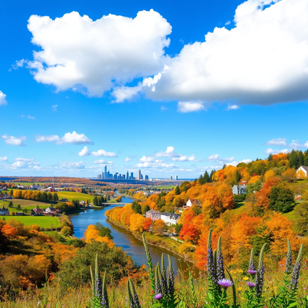 A picturesque landscape of Ohio showcasing the state's diverse scenery, including lush rolling hills, vibrant autumn foliage, and charming small-town architecture