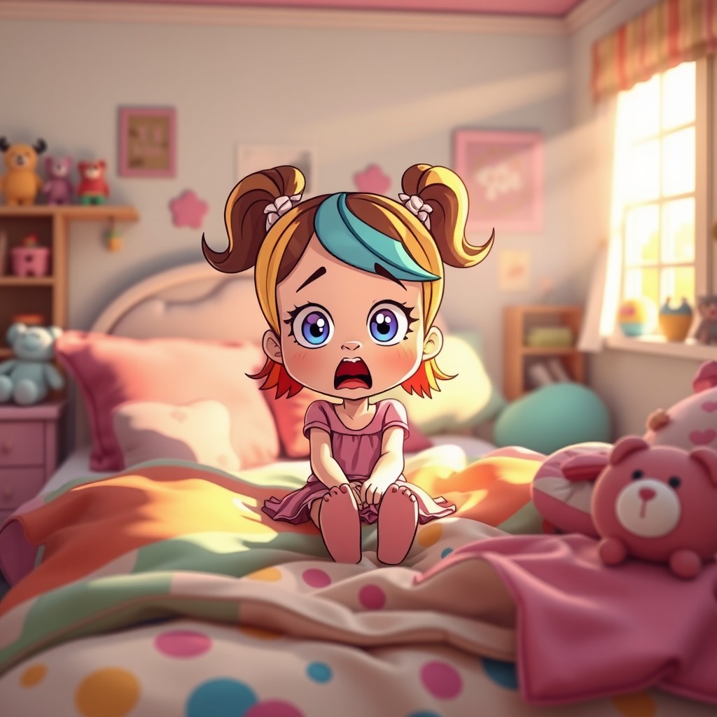 A cartoon girl with a shocked expression sitting on her bed, surrounded by colorful blankets and pillows, bedsheets slightly damp