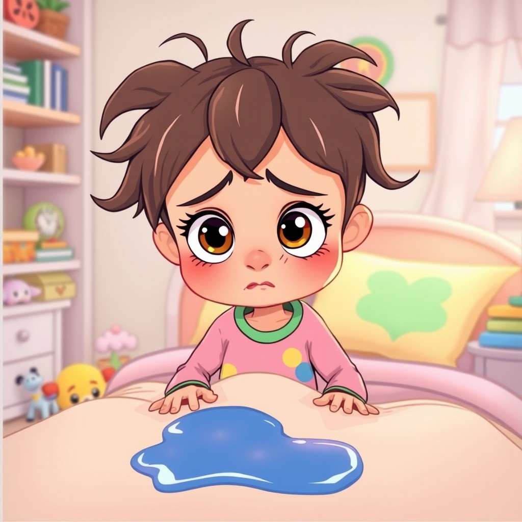 A cartoon girl with a worried expression, looking down at her wet bed with a sense of disappointment