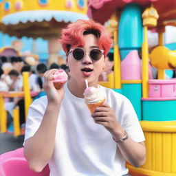 Park Jimin from Korean boy band BTS casually eating ice cream at a vibrant amusement park.